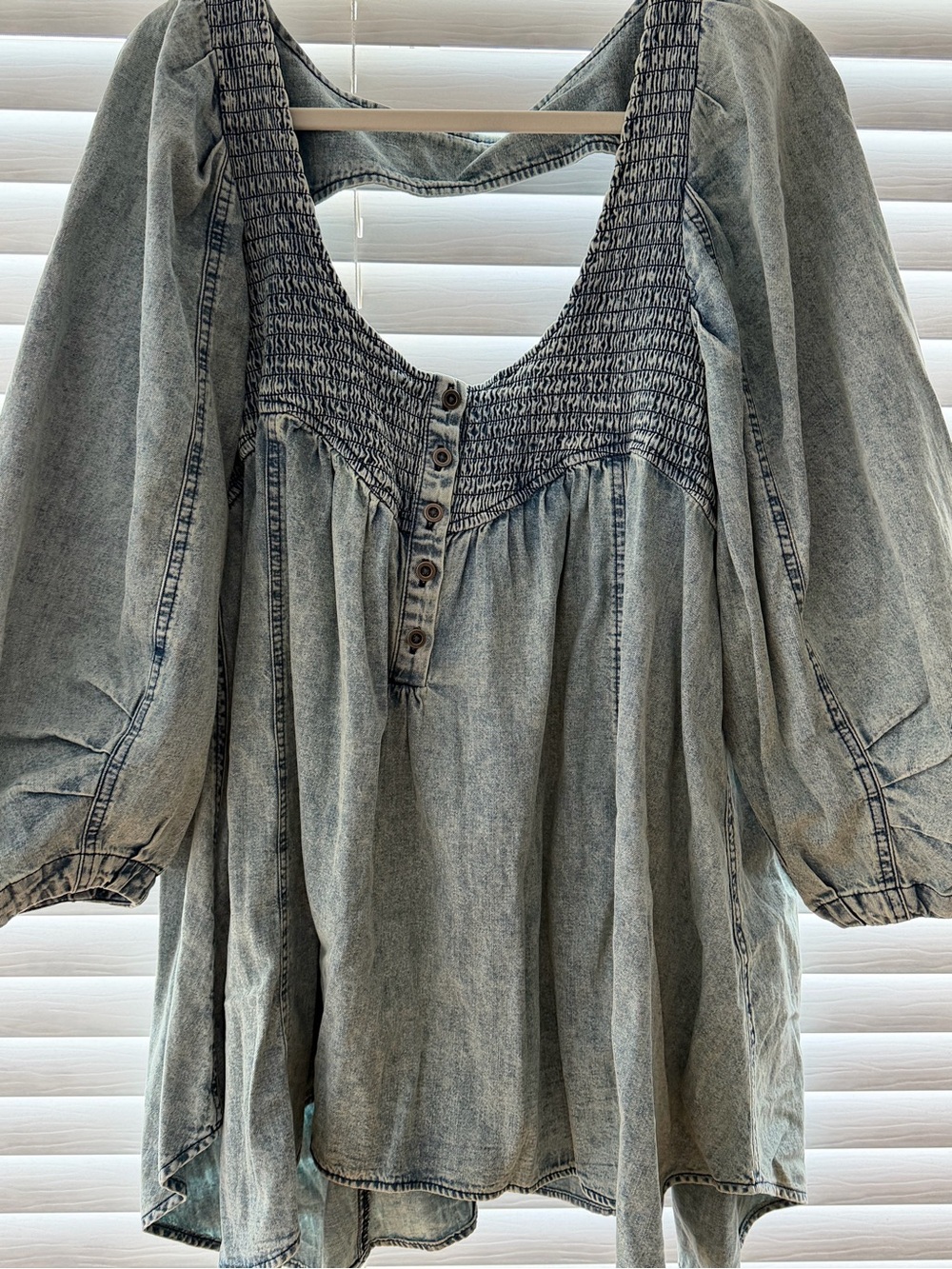 Free People Washed Denim Smocked Henley Tunic